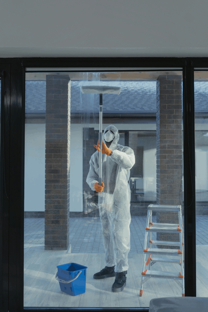 A professional cleaner wiping down a glass sliding door.