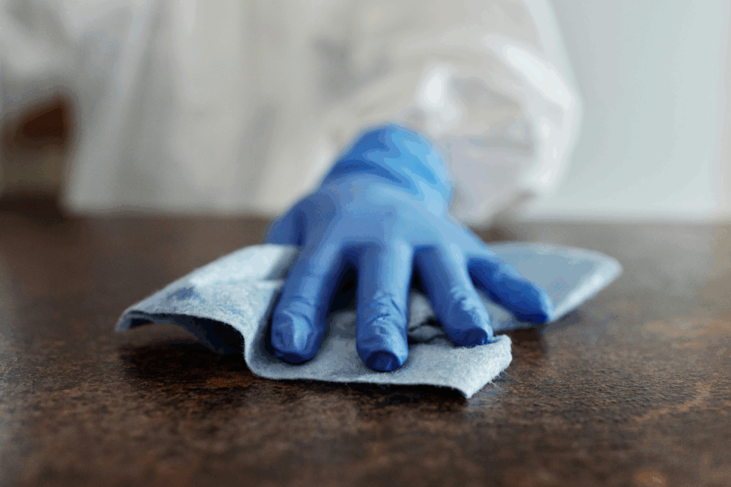 a hand in a blue glove wiping the surface