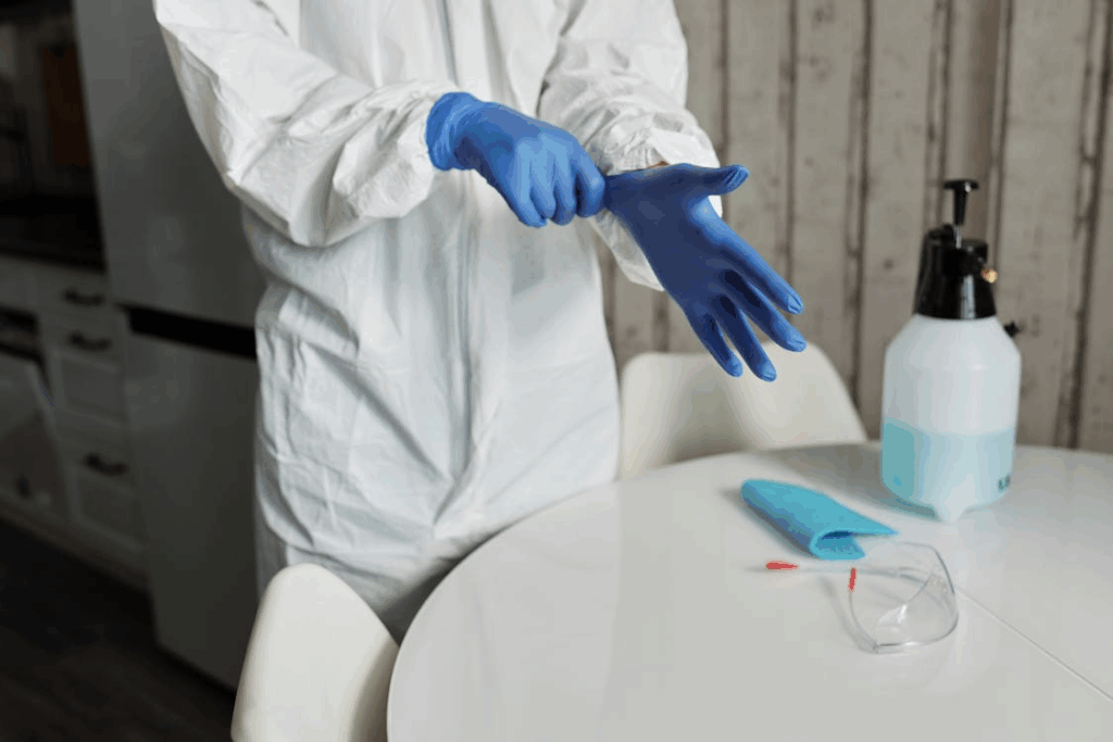 An image of a professional cleaner pulling on latex gloves beside a table with cleaning spray and sponge.