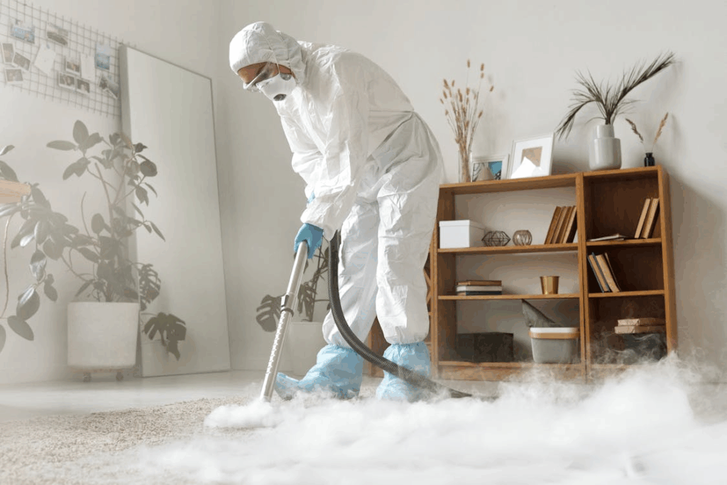 A professional cleaner steaming a carpet.