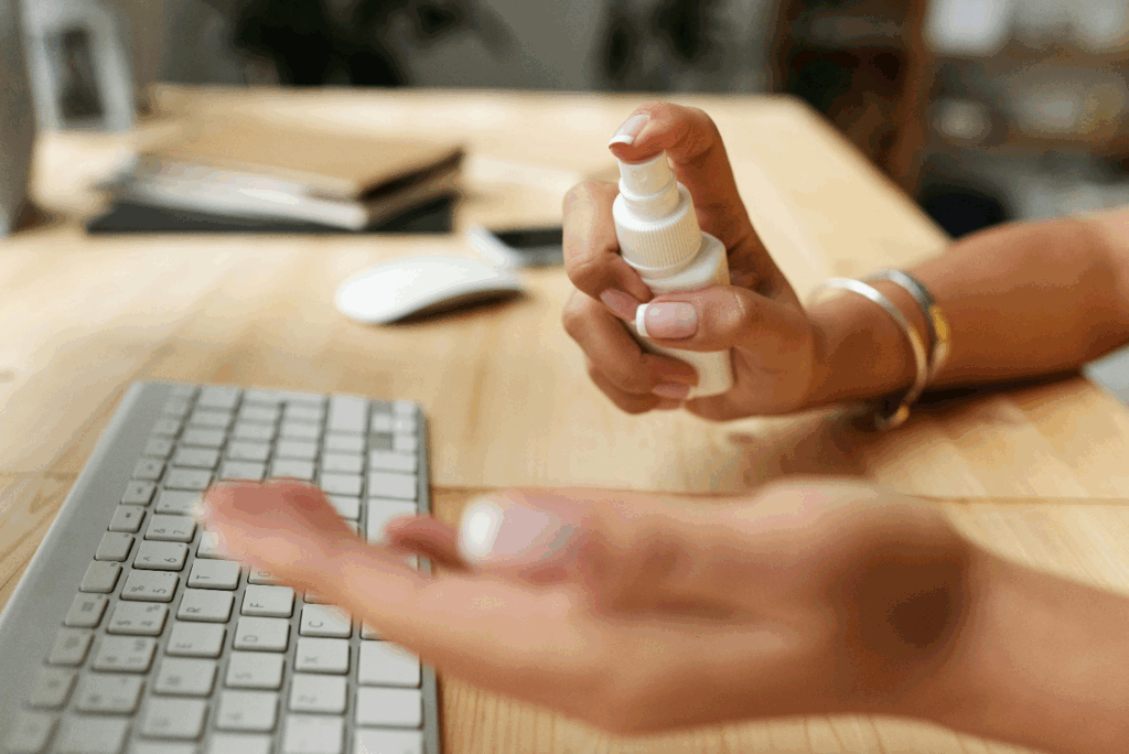 Woman sanitizing her hands
