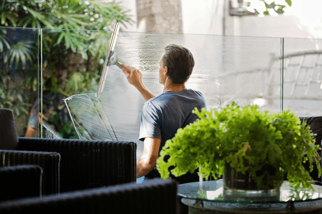 Person cleaning an office window
