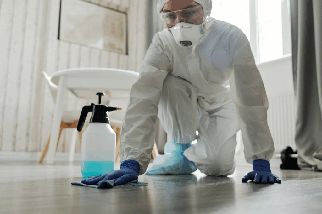 A professional cleaner kneeling on the floor and wiping it with a cloth.