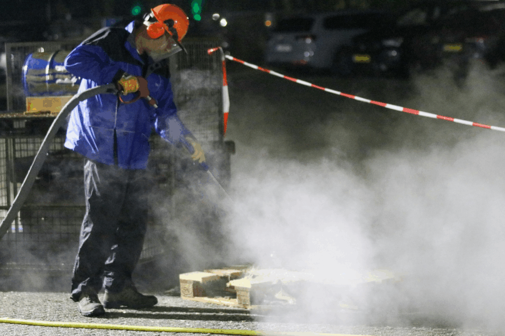 a worker using high pressure washer at night